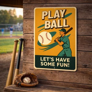 Play Ball Lets Have Some Fun Sign, Retro Baseball Decor, Man Cave Baseball, Fun Baseball Sign, Classic Ball Sign, Baseball Gift - Metal Sign