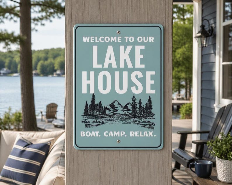 May include: A rectangular, light blue metal sign with the words "WELCOME TO OUR LAKE HOUSE" in white block letters. Below the text is a black and white illustration of mountains and trees. The bottom of the sign reads "BOAT. CAMP. RELAX."