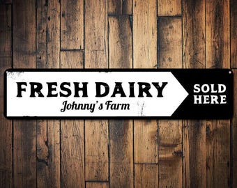 Fresh Dairy Sign, Personalized Milk Sold Here Sign, Custom Farmhouse Sign, Farmer Name Farm Kitchen Decor - Quality Aluminum Dairy Decors