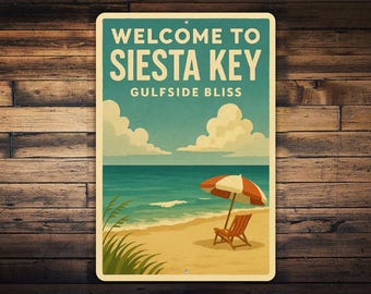 Welcome to Siesta Key Metal Sign – Gulfside Bliss Wall Art, Retro Florida Beach Scene with Chair & Umbrella, Vintage Coastal Metal Décor