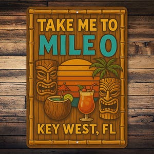 Take Me to Mile 0 Metal Sign – Hawaiian Tiki Bar Wall Decor – Tropical Beach House Patio Luau Party Gift