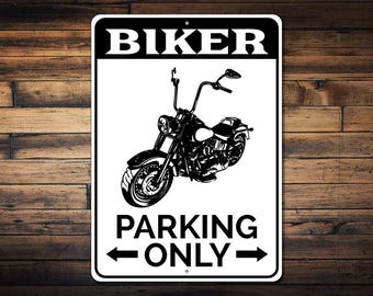 Biker-Parkschild, Motorrad-Liebhaber-Geschenk, Motorrad-Schild, Geschenk für Bike-Rider-Mannhöhle, Fahrrad-Garage-Dekor - hochwertiges Aluminium-Biker-Dekor