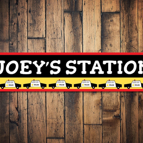 Police Station Sign, Personalized Kid's Room Sign, Cop Car Sign, Custom Metal Kid Name Bedroom Playroom Decor - Quality Aluminum Kid Station