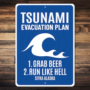 Bord evacuatieplan tsunami, decor strandhuis, evacuatiehumor, grappig bord bier, bord kustbar, cadeau bierliefhebber - metalen bord