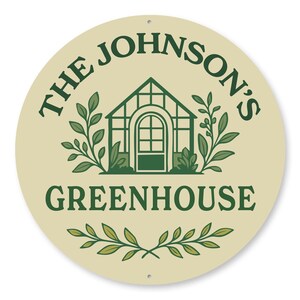 A round sign with the text "THE JOHNSON'S GREENHOUSE" and an illustration of a greenhouse.