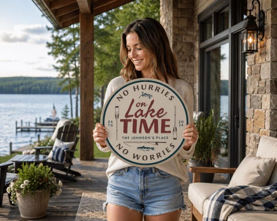 On Lake Time Sign, Lake House Decor, Family Retreat Sign, Lake Life Decor, Lake House Gift, Family Name Sign, Cabin Decor - Metal Sign