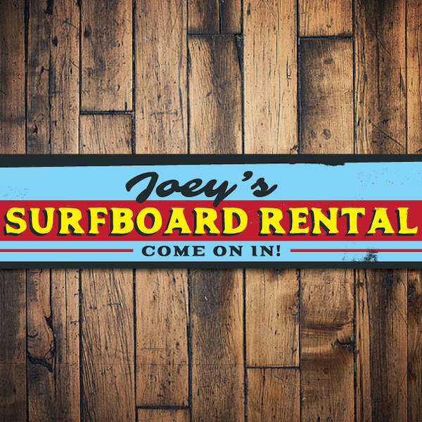 Surfboard Rental Sign, Personalized Surf Shop Arrow Sign, Custom Surfboarder Name Sign, Metal Beach House Sign - Quality Aluminum Surf Decor