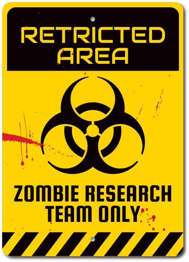 Teken met beperkt gebied, teken wetenschapper, teken onderzoeker, zombiecadeau, zombieteken, waarschuwingsbord, waarschuwingsteken, teken gevaarlijk, teken kwaliteitsmetaalstraling afbeelding 2