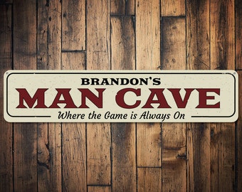 Game Always On Sign, Personalized Man Cave Name Sign, Custom Sports Lover Fanatic Sign, Metal Man Cave Decor - Quality Aluminum Decorations