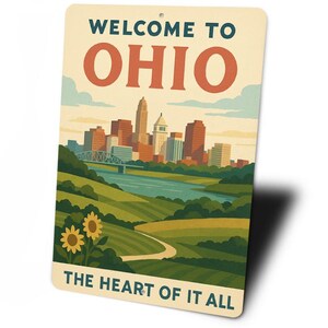 May include: A rectangular metal sign with a vintage design. The sign reads "WELCOME TO OHIO" in green and red letters above a skyline illustration. Below the skyline, the text reads "THE HEART OF IT ALL".