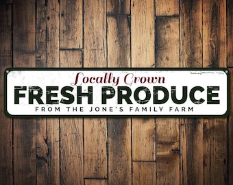 Fresh Produce Sign, Personalized Locally Grown Fruit & Vegetable Family Farm Last Name Metal Kitchen Decor, Fresh Produce - Quality Aluminum