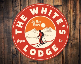 Skiing Circle Sign, Custom Ski Sign, Family Ski Gift, Ski Lodge Sign, Decor For Ski Lodge, Custom Skiing Gift, Retro Ski Sign - Metal Sign