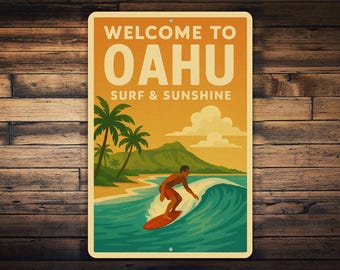 Welkom bij metalen bord Oahu – Surf & Sunshine-muurkunst, retro Hawaï-strandscène met surfer, palmbomen, vintage metalen decor eiland