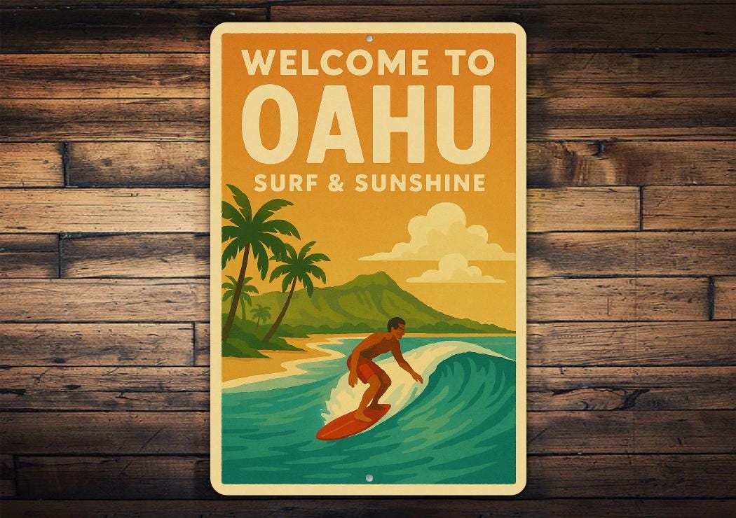 Welcome to Oahu Metal Sign – Surf & Sunshine Wall Art, Retro