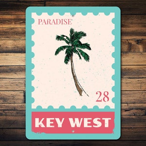 Letrero de palmera de Cayo Hueso, decoración de pared estilo sello postal de Cayo Hueso, paraíso tropical, decoración de casa de playa, regalos de Cayo Hueso, letrero metálico de Florida