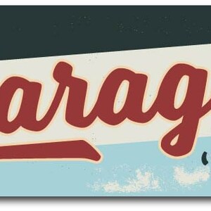 May include: A vintage-style metal sign for "Rick's Classic Garage." The sign features a classic car illustration and text in a retro font. The sign's color scheme includes black, cream, red, and light blue.