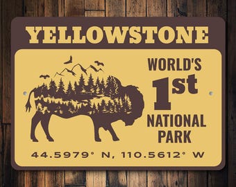 Yellowstone Sign, National Park Sign, Coordinates Sign, Destination Sign, Park Gifts, Yellowstone Gift, Wildlife Decor - Quality Metal Sign
