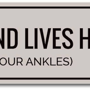 Puede incluir: Un letrero de metal gris con texto negro y una silueta negra de un dachshund. El letrero dice "A Dachshund Lives Here (Protect Your Ankles)"