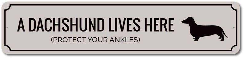 Puede incluir: Un letrero de metal gris con texto negro y una silueta negra de un dachshund. El letrero dice "A Dachshund Lives Here (Protect Your Ankles)"