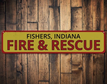 Fire Rescue Sign, Custom City State, Fire Station Decor, Fire Department, Firehouse Sign, Firefighter Gift, Rescue Team Sign - Metal Sign