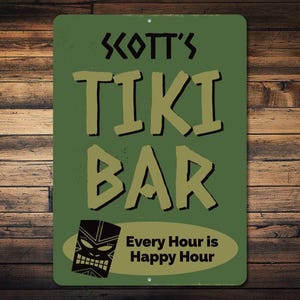 Tiki Mask Sign, Custom Metal Tiki Bar Every Hour Is Happy Hour Decor, Personalized Beach Bar Owner Name Gift - Novelty Aluminum Tiki Signs