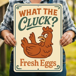 What The Cluck Fresh Eggs Sign, Funny Chicken Sign, Farm Fresh Eggs Sign, Chicken Coop Decor, Farmhouse Egg Sign - Metal Sign