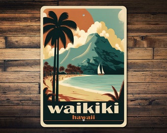 Waikiki Hawaii Sign, Tropical Paradise Decor, Island Getaway Sign, Aloha Wall Decor, Hawaiian Gifts, Retro Hawaiian Decor, Metal Sign