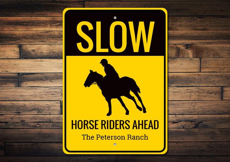 Caution Slow Sign, Horse Rider Sign, Slow Horse Sign, Custom Ranch Gift, Custom Ranch Sign, Horse Lover Gift, Quality Metal Horse Decoration image 1