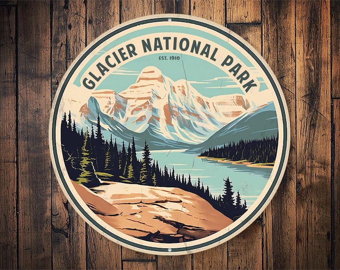 Glacier National Park Sign, Rustic Cabin Decor for Outdoor Enthusiasts, Vintage Style Sign, Nature Lovers, Mountain Lovers Gift, Metal Sign