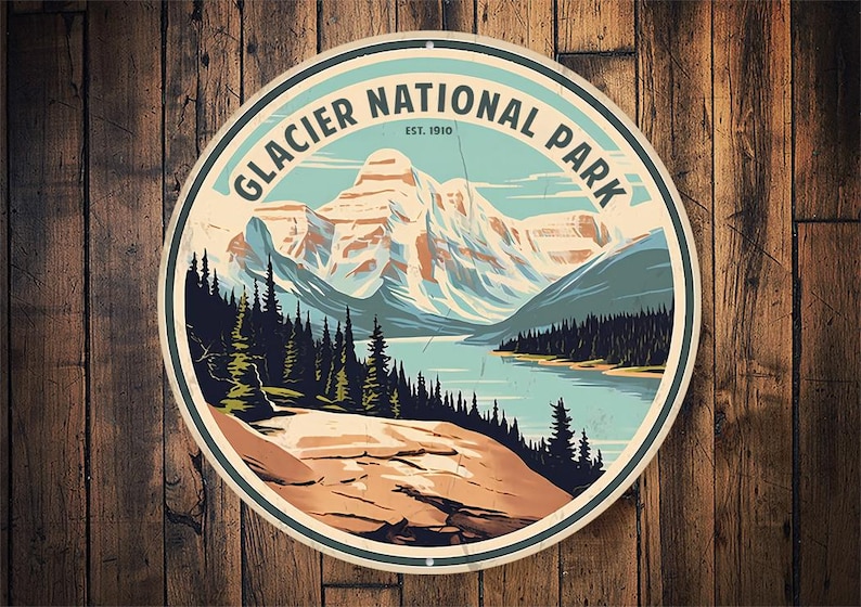 Glacier National Park Sign, Rustic Cabin Decor for Outdoor Enthusiasts, Vintage Style Sign, Nature Lovers, Mountain Lovers Gift, Metal Sign image 1