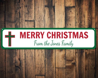 Christmas Cross Sign, Custom Merry Christmas Sign, Jesus Cross Sign, Family Name Sign, Holiday Sign - Quality Aluminum Jesus Holiday Signs