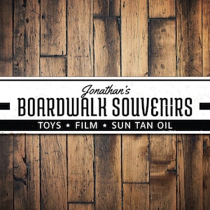Boardwalk Souvenirs Sign, Personalized Toys Film Sun Tan Oil Arrow Sign, Custom Owner Name Beach House Sign - Quality Aluminum Sign Gifts