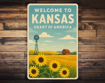Welcome to Kansas Metal Sign – Heart of America Wall Art, Retro Sunflower Field & Farm Scene, Vintage Midwest Travel Poster Décor