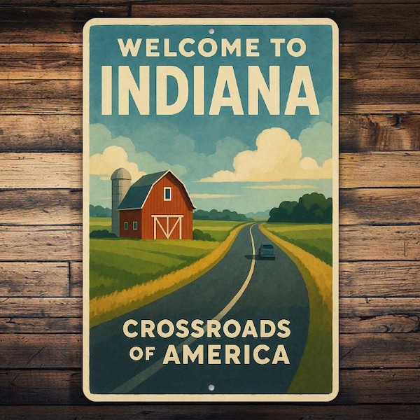 Willkommen in Indiana Metallschild - Kreuzung von Amerika Wandkunst, Retro Midwest Scheune & Landstraße Szene, Vintage Reise Poster Dekor