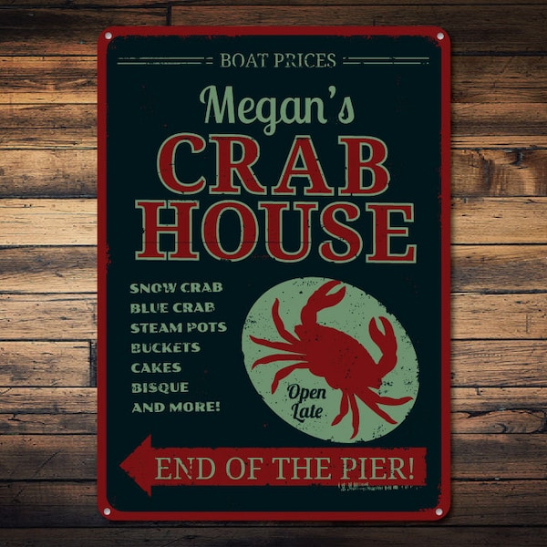 Crab House Sign, Personalized Seafood Restaurant Name Sign, End of the Pier Arrow Sign, Metal Beach Name Decor For House - Novelty Aluminum