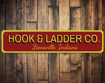 Panneau Hook & Ladder Co., caserne de pompiers personnalisée emplacement ville état, décor de caserne de pompiers, décor de caserne de pompiers - caserne de pompiers en aluminium de qualité