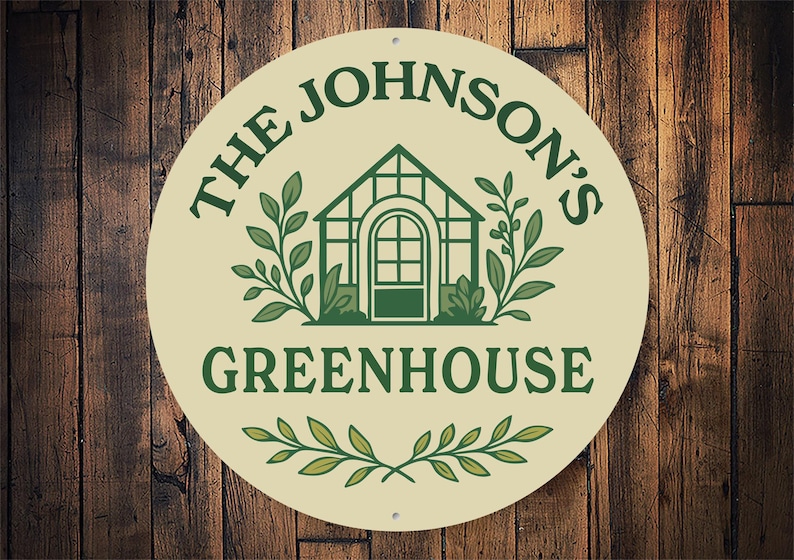 A round sign with the text "THE JOHNSON'S GREENHOUSE" and an illustration of a greenhouse.
