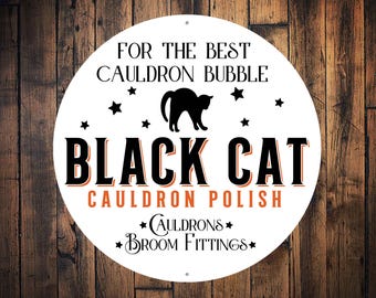 Black Cat Cauldron Vintage Halloween Sign, Front Porch Round Decor, Front Door Wreath Add Ons, Halloween Metal Sign, Halloween Decor