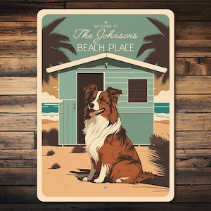 Australian Shepherd Schild, individuelles Strandhaus Dekor, individuelles Willkommensschild mit Familienname, Aussie Mom Hundeliebhaber Geschenk, Wohnkultur Geschenk, Metallschild Bild 1