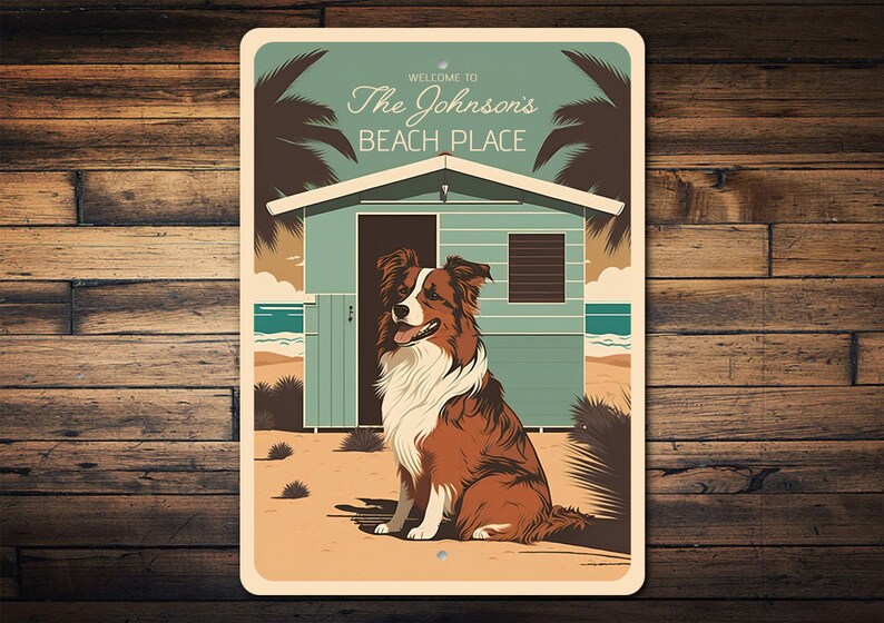 Australian Shepherd Schild, individuelles Strandhaus Dekor, individuelles Willkommensschild mit Familienname, Aussie Mom Hundeliebhaber Geschenk, Wohnkultur Geschenk, Metallschild Bild 1