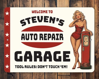 Retro Pin-Up Girl Custom Metal Garage Sign - Personalized Auto Repair Shop Decor - Vintage Style Man Cave Wall Art