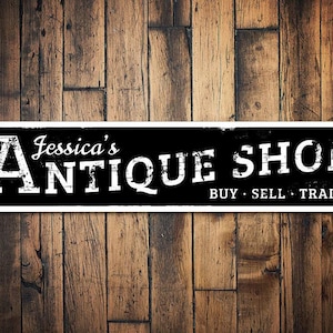 Enseigne de magasin d'antiquités, enseigne d'achat et de vente, enseigne de nom de magasin, décoration ancienne personnalisée, cadeau pour amoureux des antiquités - enseigne ancienne en aluminium de qualité