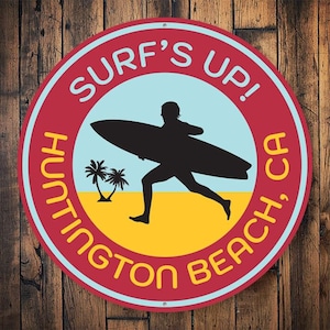 Surfs Up Sign, Custom Surfing Sign, Surfs Up Decor, Surfer Signs, Metal Surfing, Ocean Waves, Ocean Signs, Metal Signs, Round -  Metal Sign