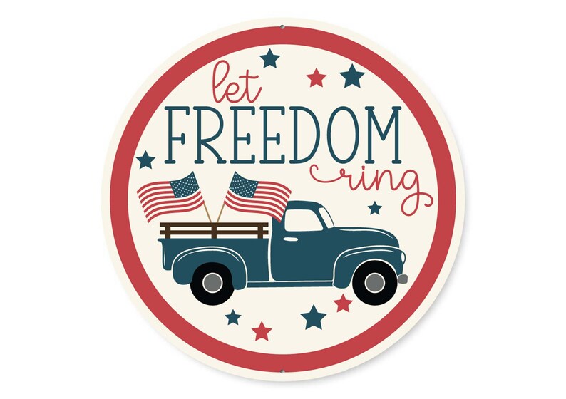 Let Freedom Ring Sign, 4th Of July Patriotic Wreath Sign, Independence Day, American Flag Decor, Patriotic Round Metal Sign, Freedom Gifts image 2
