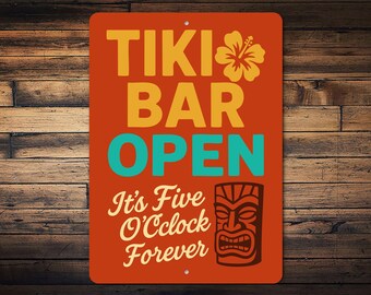 Tiki Bar offen Schild, It's Five O'Clock Schild, Tiki Bar Schild, Home Tiki Lounge, Tiki Dekor Zeichen, lustiges Bar Schild, Tiki Geschenkschild - Metallschild