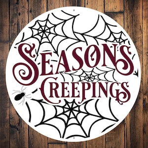 Seasons Creepings Sign, Vintage Halloween Round Metal Decor, Front Door Wreath Add Ons, Halloween Wreath Signs, Porch Halloween Sign