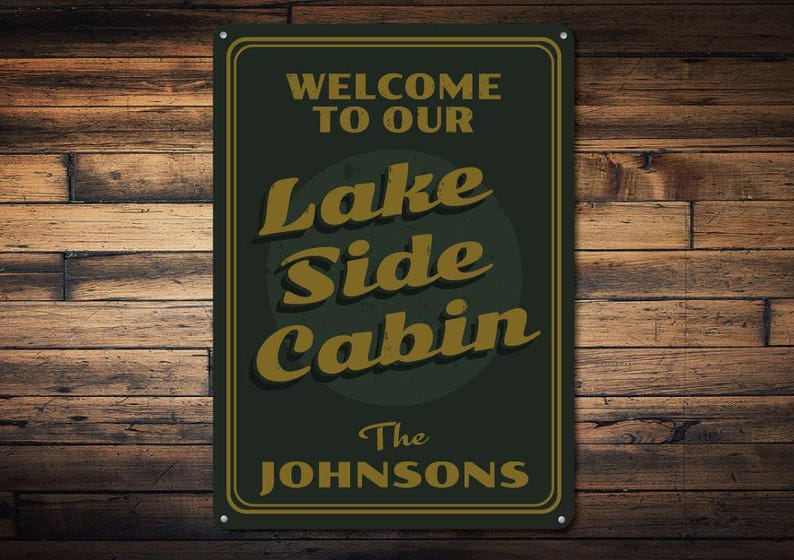 Personalized Lakeside Cabin Metal Sign, Custom Cabin Name Sign, Lakefront Decor, Rustic Cabin Wall Art, Waterfront Welcome Sign image 2