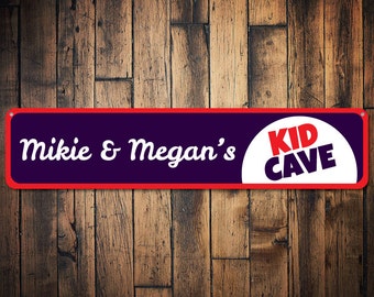 Kid Cave Sign, Personalized Kid's Room Metal Sign, Custom Children Sibling Name Play Room Play Area Decor, Sibling Decor - Quality Aluminum