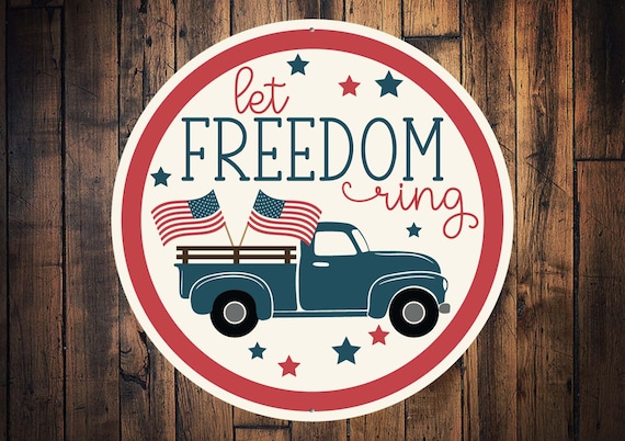 Let Freedom Ring Sign, 4th Of July Patriotic Wreath Sign, Independence Day, American Flag Decor, Patriotic Round Metal Sign, Freedom Gifts
