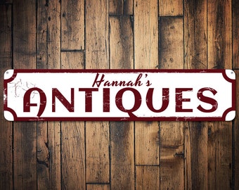 Letrero de antigüedades, letrero de tienda con nombre personalizado, decoración rústica personalizada para el hogar, decoración de cocina de metal para amantes de las antigüedades: letreros antiguos de aluminio de calidad